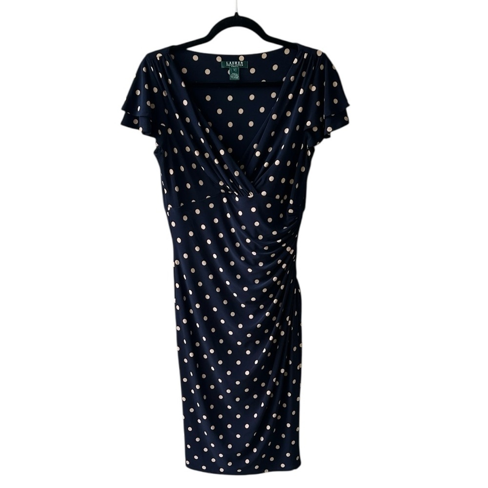 Lauren Ralph Lauren Sz 6 Navy Tan Polkadot Ruched Waist Faux Wrap Dress Stretch